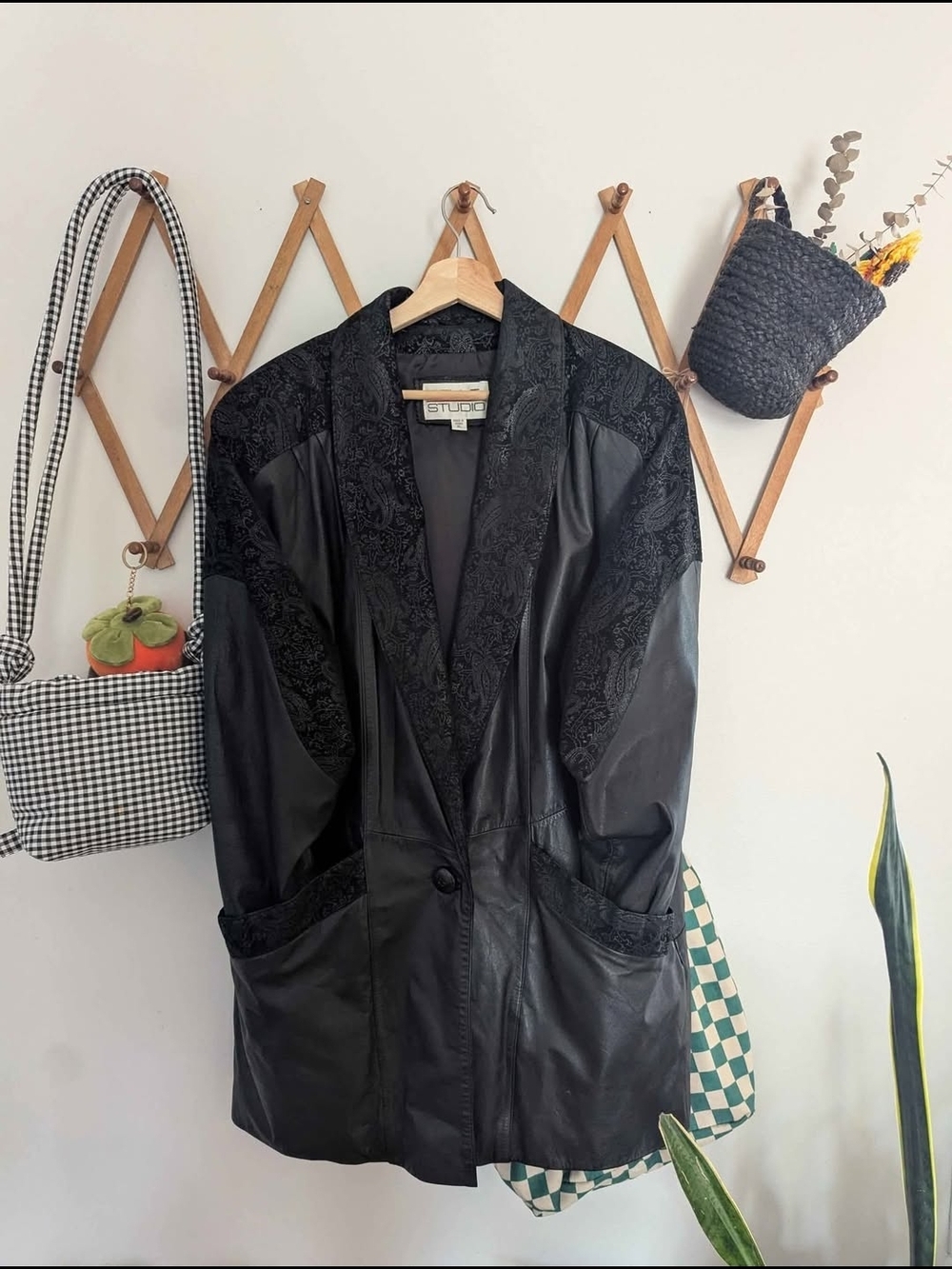 Vintage Black Leather & Velvet Paisley Coat